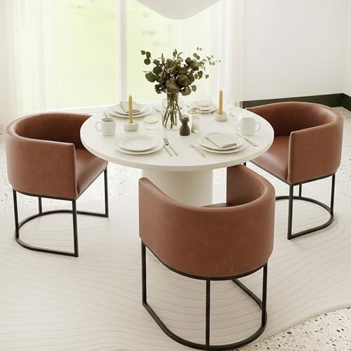 Image of HNY Mid Century Modern Upholstered Barrel Dining Chairs with Arms Set of 3, Leather Kitchen & Dining Room Chairs, 18.5 inch Wide Accent Chairs for Dining Room Living Room with Black Metal Frame, Brown
