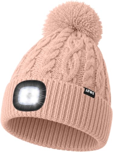 ATNKE LED Bonnet Lampe Frontale Pompons, USB Rechargeable Lumière Mains Libres 4 LED Course Chapeau Hiver Chaud Tricot Bonnet avec Cadeaux pour Homme Papa et Femme/Pink Nude