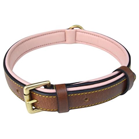 Soft Touch Collars - Padded Leather Dog Collar, Slimline Edition - Large, Brown and Pink Cover