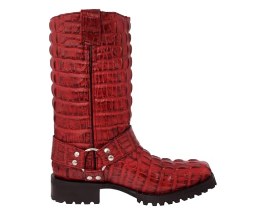 Cowboy Professional Mens Red Leather Motorcycle Boots Crocodile Tail Print Square Toe2