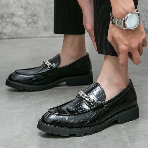 Men's Leather Printed Platform Slip-On Penny Loafers with Metal Chain Detail Lightweight Round Toe Business Dress Shoes for Formal Office Weddings Party4