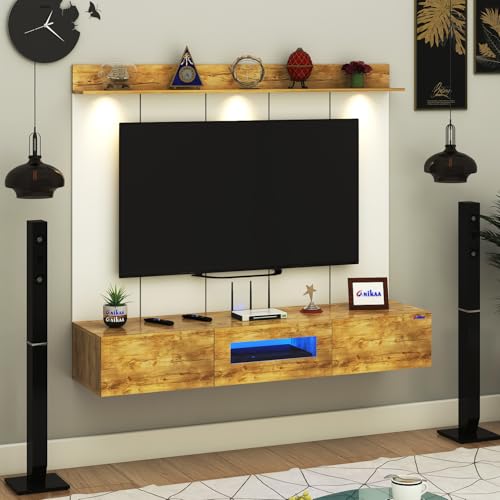 Image of Anikaa Lucen PVC Back Panel Wall Mounted TV Unit with Spot & Blue Ambient LED Light- Acrylic Storage Box, Display Shelf & Soft-Close Hinges | Ideal for Up to 50 Inch TV (Giantwood - DIY Installation)