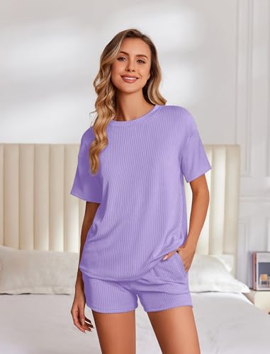 Image of Ekouaer 2 Piece Sets for Women Matching Lounge Sets Summer Outfits | Casual Loungewear, Ribbed Loose Set, Short Sleeve Shirt and Shorts, Crewneck, With Pockets