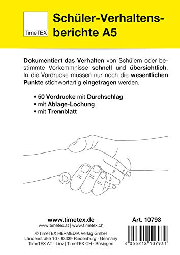 TimeTEX Schüler-Verhaltensberichte A5 - Dokumentiert das Verhalten von Schülern - 50 Vordrucke mit gelbem Durchschlag - selbstdurchschreibend - A5 - Block - 10793