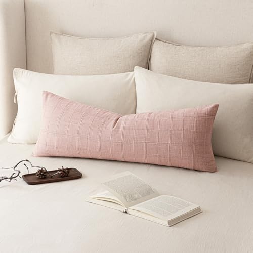 Image of Foindtower Set of 1 Decorative Linen Check Throw Pillow Cover Neutral Long Body Lumbar Cushion Cover Farmhouse Vintage Home Decor for Sofa Chair Couch Bedroom Living Room,14x36 Inch,Light Pink