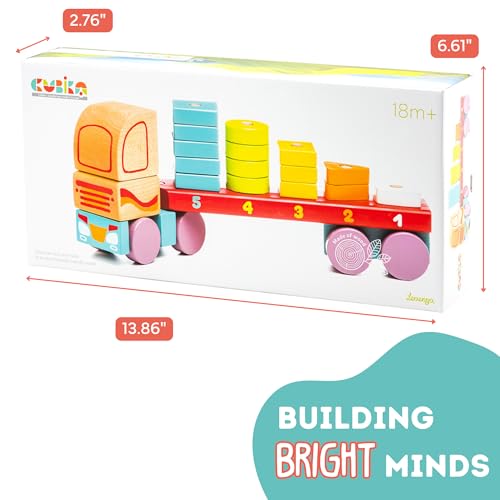 Image of CUBIKA Wooden Geometric Shapes Truck- Montessori Toy for Toddlers Ages 3+- Shape Sorter and Stacking Truck Building Toy- FSC-Certified Wood, German Water-Based Paints, Travel-Friendly