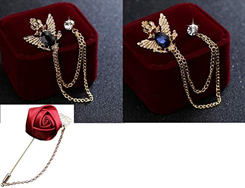 3 Pieces Brooch for Men Suit Shirt Stud Brooch Lapel Pin Brooch Pin Chain Tassel Brooch Pin with Crystal Beads for Suit Shirts Brooch Lapel by TQsuen, Including 1 Flower Lapel Pins, Aggressive Eagle