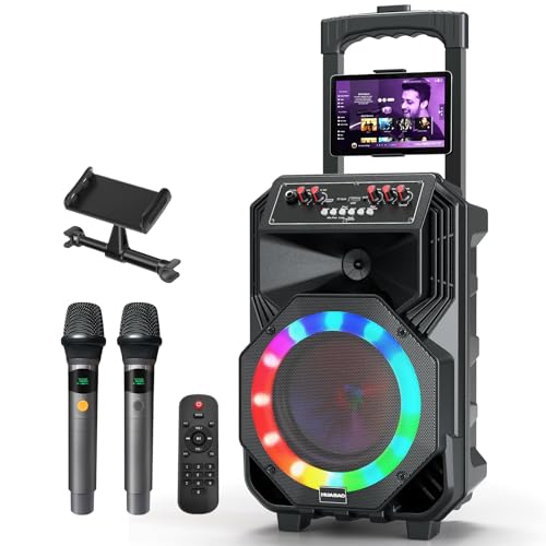 HUABAO Karaoke Machine with 2 Wireless Microphones, Rolling Wheels and Trolley, 8800mAh Portable Bluetooth Speaker, PA System with Lights, Bass/Treble/Echo Adjustment for Party, Indoor and Outdoor