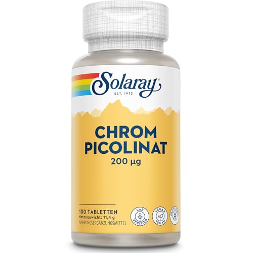Solaray Chrom aus Chrompicolinat 200 µg – 100 vegane Tabletten | Trägt zu einem normalen Blutzuckerspiegel und einem normalen Makronährstoffstoffwechsel bei | Hochdosiertes Chrompräparat