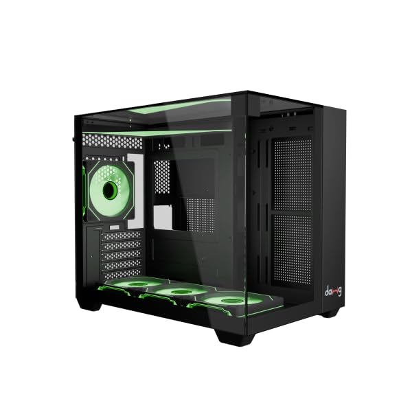 dawg y' series 740 cube glass gaming cabinet/case, pre-installed 4 infinity mirror fans, support aio upto 360mm, matx, mini itx, argb, 3 side glass, reverse blade fans, dual chamber, usb-c (black)