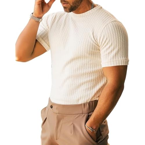 Men's Ribbed Knit T-Shirts Short Sleeve Casual Crewneck Slim Fit Textured Pullover Tees