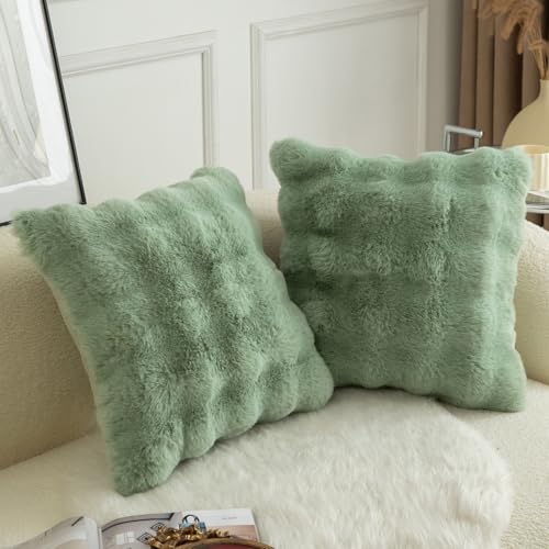 Image of MANDIOO Pack of 2 Thick Plush Wool Decorative Throw Pillow Covers Super Soft Wave Bubble Fur Velvet Cushion Covers Pillow Shams for Couch Bed Living Room 22x22 Inch Sage Green