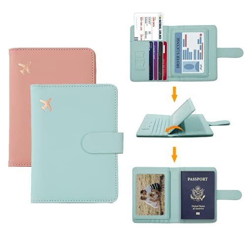 Image of Melsbrinna Passport Holder,Passport Holder Card Slots,Cute Passport cover for Women /Men,Waterproof Rfid Blocking Travel Wallet (Pink Aqua green)