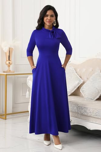 Image of FANDEE Maxi Long Dress Women, Church A Line Bow Tie Neck Casual Dresses | 3 /4 sleeve with pockets, tea party elegant wedding guest semi formal bridesmaid dress, m-3xl, machine wash