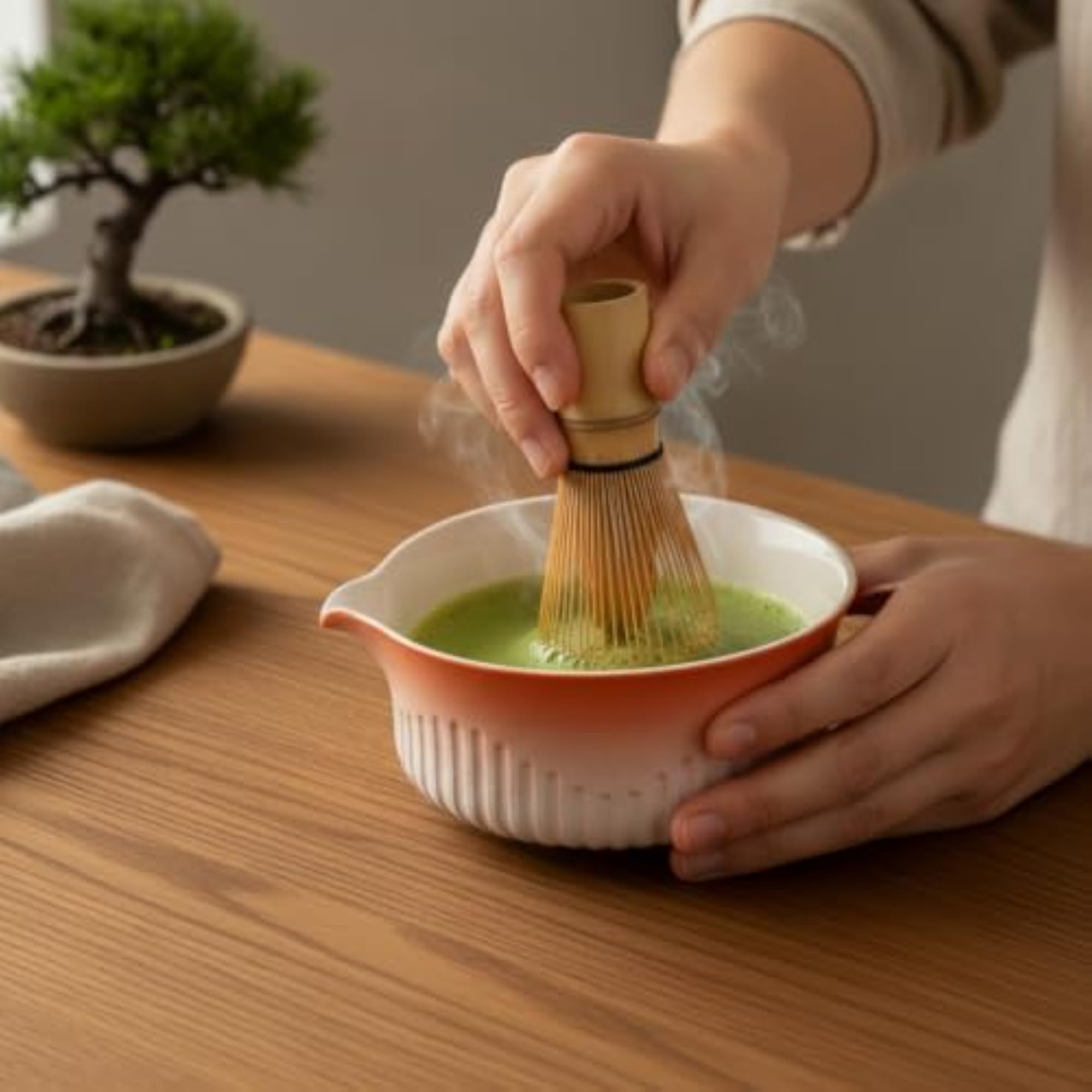 Japanese Matcha Tea Ceremony Set with Spouted Bowl, Orange