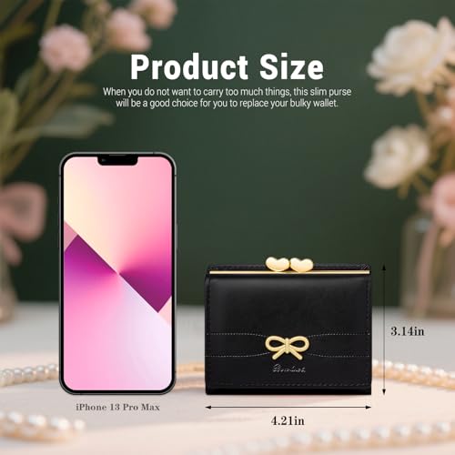 Image of YINHEXI Small Bow Wallet for Women with RFID Blocking - Tri-fold PU Leather Card Holder, Coin Pocket & Heart ID Window, Cute Aesthetic Purse for Girls Teens (Bow Black)