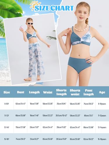 Image of Girls Swimsuit 3 Piece Bathing Suit Criss Cross Bikini Set Tropical Floral Swimwear with Mesh Cover Up Pants Size 9-16Y