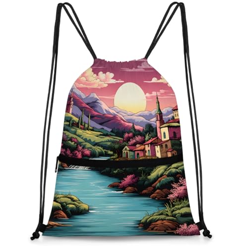 Village Springtime Polyester Drawstring Bag with Zipper Pocket, 18x14 Inch Water-Resistant Gym Sack String Backpack for Sports, Travel, Camping