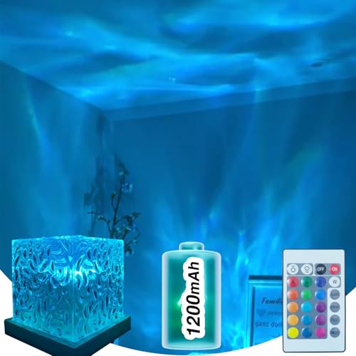Ocean Wave Projector Light Cordless - Battery Operated Under Water Lamp Cube Northern Lights Aurora Projector Rechargeable Night Light for Shower Bedroom Stress Relief (Wireless)