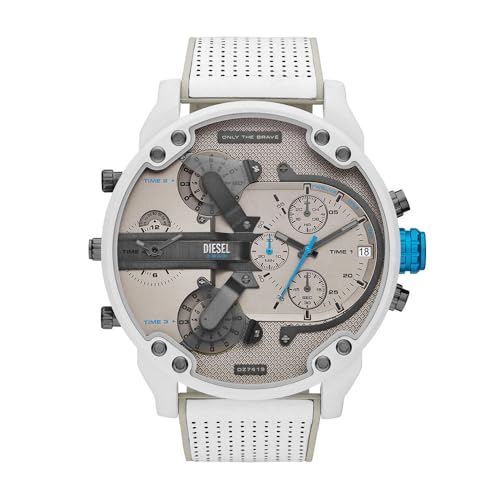 Diesel Herrenuhr Mr. Daddy 2.0, Chronographenwerk, 57 mm, weißes Edelstahlgehäuse mit Edelstahlarmband, DZ7419