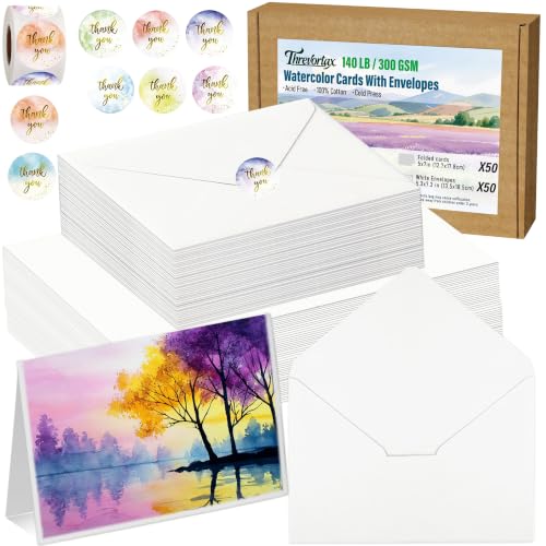 50 Pack Blank Watercolor Cards with Envelopes 5 x 7 Inch 140lb/300GSM 100% Cotton Heavyweight Foldable Water Color Cardstock Acid-Free Watercolor Cards to Paint for Christmas Birthday