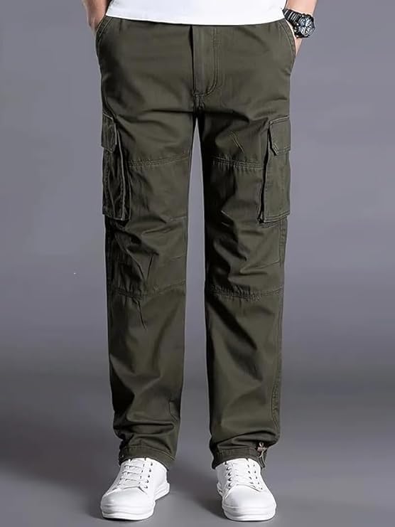 Image of DBAX Men's Olive Green Utility Cargo Pants | Multi Pocket Relaxed Fit Cargo Trousers | Durable Casual Streetwear Pants for Men
