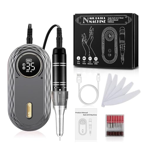 Torno para Uñas, Taladro eléctrico de uñas de 35000RPM, pantalla LCD profesional portátil todo for herramienta de manicura, juego de arte de uñas recargable para Salón DIY Principiantes Mujeres Niñas(