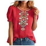 Caractéristiques: Chemisiers chinois pour femmes, hauts tuniques bohèmes, chemisier d'été en lin pour femme, chemises brodées en lin, haut floral, vêtements bohème avec col rond, manches 3/4, coupe décontractée et ample, style ethnique traditionnel, chemises vintage en coton et lin avec broderie florale. Haut en coton et lin pour femme avec coutures doubles pour plus de durabilité et de confort.