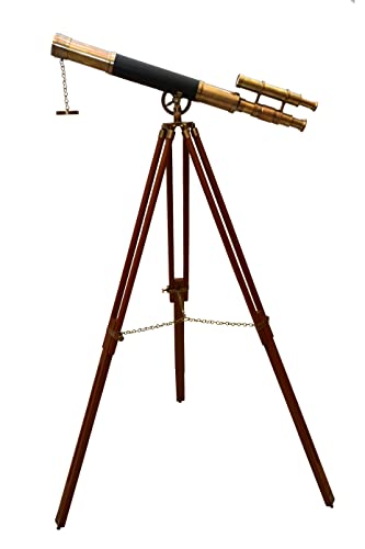 Maritime Black Leather Designer Telescope Brass Antique Finish Double Barrel W/Wooden Tripod Floor Standing Telescopic - Navirock #TOP4