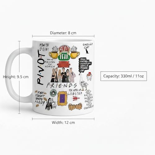 Image of Friends TV Show All-Over Quote and Character Icons Themed Ceramic Coffee Mug, 11oz (330ml), Featuring Central Perk, Pivot! and Joey Doesn't Share Food! Quotes, Ideal for Die-Hard Fans