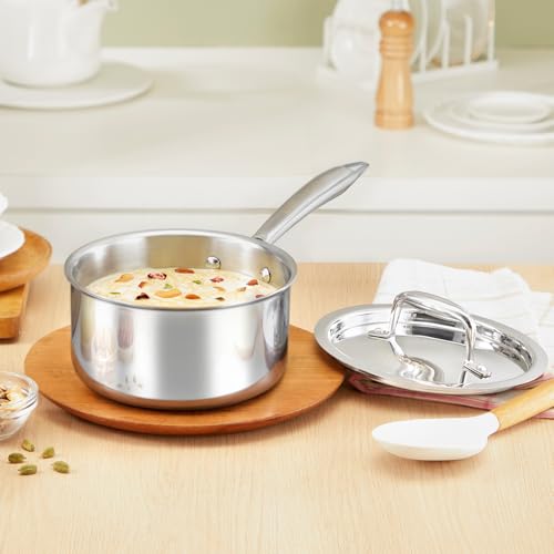 Borosil Cookfresh Triply Stainless Steel 16cm (1.7L) Straight Shape Sauce Pan with Lid | SS304 Food Grade Steel, Dishwasher Safe | Compatible for Gas, Induction, Hot Plate, Halogen | 5 Years Warranty