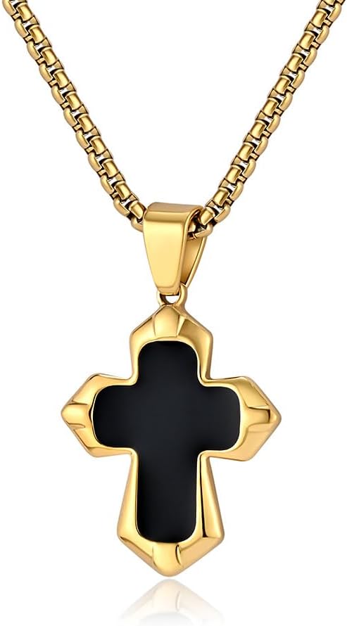 FATACI Cross Necklace for Men,Silver/Black/Gold Plated Stainless Steel Hip Hop Enamel Cross Pendant with 60cm Chain