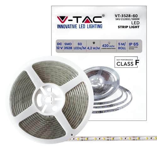 V-TAC Striscia Led da Esterno IP65 Impermeabile 5W - 5 Metri di Lunghezza- SMD 3528 Alta Luminosità - Luce 3000K Bianco Caldo - Strisce Led - Strip Adesiva e Copertura in Silicone - 12 Volt