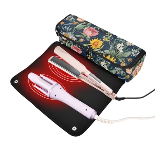 Bolsa de viaje para herramientas de cabello y tapete resistente al calor impermeable para plancha y rizador, diseño floral azul marino miniatura 2