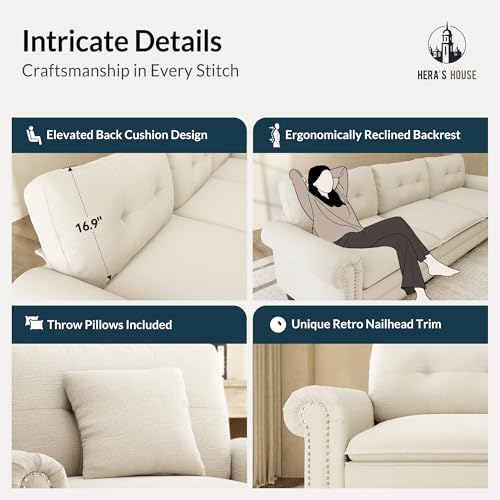 Image of HERA'S HOUSE 116 inch Oversized U Shaped Modular Sectional Couch Living Room | Mid-Century Modern 5-Seater Cloud Sofa, White, Rolled Arms & Nailhead Trim, Wider Deeper Seats, Ottoman, Chenille