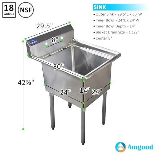 Image of AmGood Stainless Steel Prep & Utility Sink | 304 Stainless Steel | Overall Size: 30 inch x 29.5 inch | Restaurant, Kitchen, Laundry, Garage | NSF (Bowl Size: 24 inch x 24 inch No Faucet)