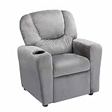 Naomi Home Suri Kids Recliner Chair with Cup Holder & Footrest, Built to Grow with 150 lbs Capacity, Solid Hardwood Frame, and 3 Recline Positions for Toddlers & Children, Gray,Microfiber