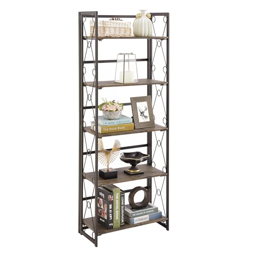 VECELO Folding Bookshelf, 5-Tier Bookcase Foldable, Industrial Tall Book Shelf Storage Organizer with Collapsible Metal Frame for Living Room/Home Office,Rustic Brown,1 Set by VECELO - Used condition - US$78.27