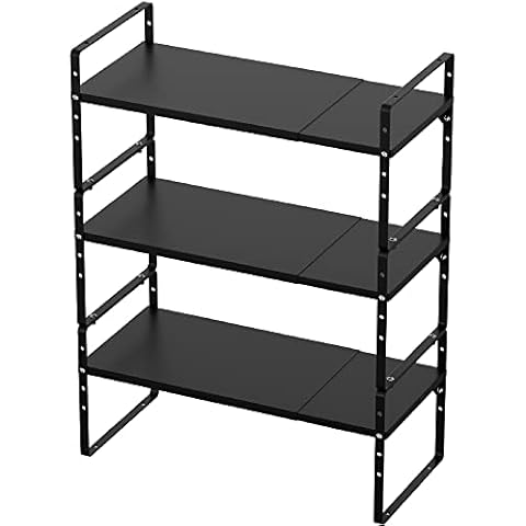 Slideep Expandable Cupboard Organizer,Large Kitchen Cabinet Organizer Stackable Counter Shelf Organizer large Expandable Shelves, Counter Pantry Storage Organization, Black, 16"to27"L x 10"W, 3 pack Cover