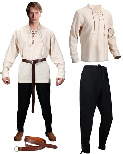SATINIOR 3 Piezas Set Traje Renacentista de Hombre de Halloween Camisa de Caballero Medieval de Manga Larga Cuello en V Cinturón Medieval de Hombre Pantalones Renacentistas Vintage para Cosplay, XL
