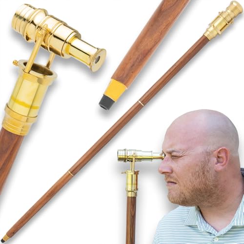 Brass Telescope and Walking Stick | Functional Brass Telescope Hidden in Handle | Premium Wooden Shaft | 3-Piece Break-Down Design | No-Slip Rubber Toe | 37