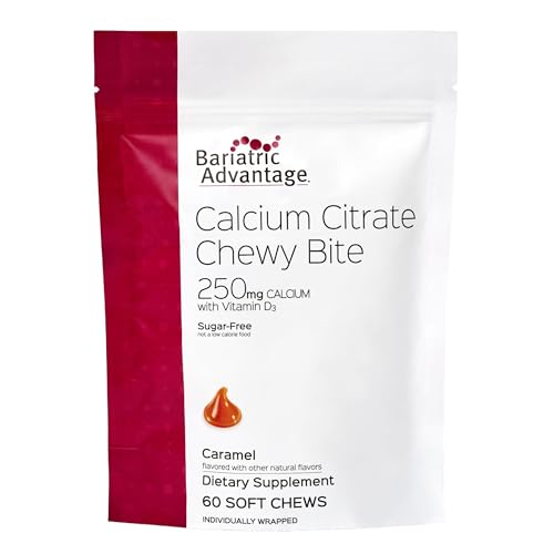 Bariatric Advantage Calcium Citrate Chewy Bites 250 mg with Vitamin D3 - Chewable Supplement for Bariatric Surgery Patients - Sugar-Free Calcium Chews - Caramel Flavor - 60 Count