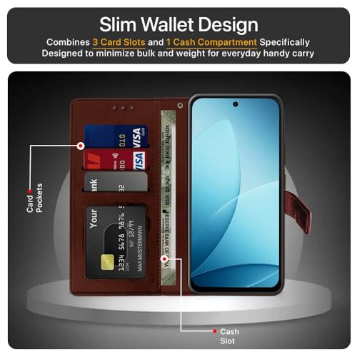 Image of WOW IMAGINE Shock Proof Flip Cover Back Case Cover for Oppo F33 Pro 5G (Flexible | Leather Finish | Card Pockets Wallet & Stand | Brown)