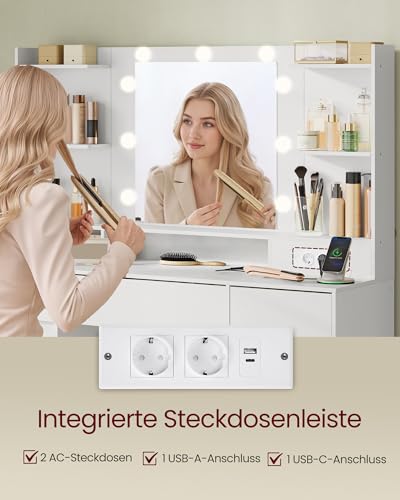 VASAGLE Kailyn Kollektion - Schminktisch mit Spiegel und LED-Leuchten, Steckdosenleiste, 2 Schränke, 9 dimmbare Glühbirnen, 3 Lichtfarben, werkzeuglose Gleitschienen, wolkenweiß RDT142WB02