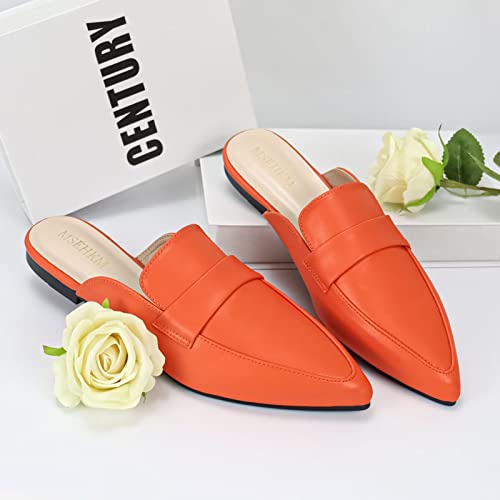 Msehkm Women's Mules Flats- Classic Pointed Toe Design With Comfortable Fit For Everyday Wear- Penny/Leather Slippers Loafers Orange 8 #TOP1