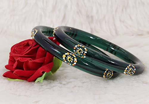 Image of NMII Traditional Glass With Diamond Cutting Pattern Glossy Finished Stylish Kada Set For Women And Girls | Crystal Glass Kada Bangles Set For Wedding, Festive