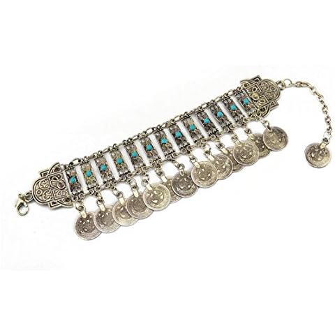 TianBo Silver Coin Turquoise Banglet Drop Cuff Bracelet Anklet Tassel Gypsy Festival Turkish Tribal Chic Belly Dancer (Rq32) Cover