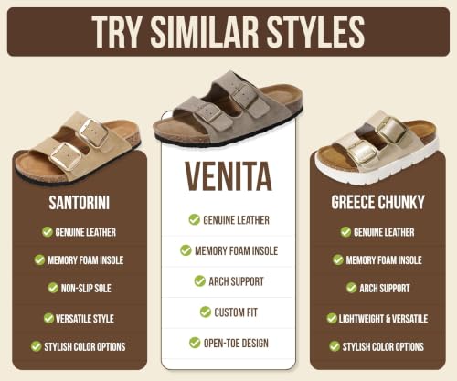 Image of Project Cloud 100% Genuine Leather Flat Sandals For Women 2026 Cork Footbed Womens Sandals with Memory Foam and arch support Vacation Essentials Slides for Women Footwear (Venita)
