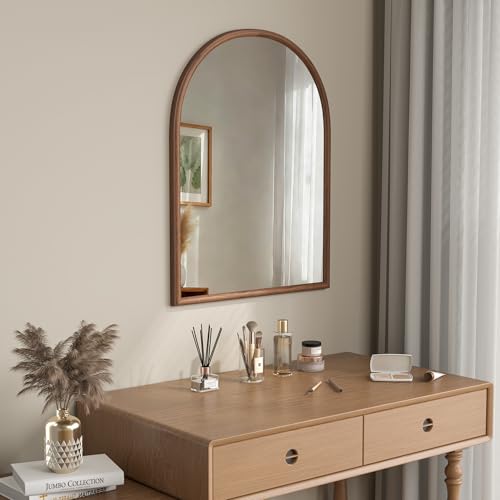 Image of 24 inchx32 inch Arch Wall Mirror for Wall, Wall Mounted Vanity Mirror for Bedroom, Wood Grain Finish Frame Mirror with Tempered Glass, Vintage Decorative for Bathroom, Entryway, Living Room, Walnut
