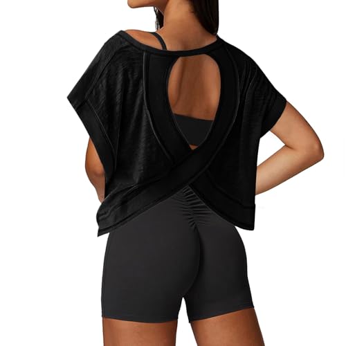 UNIANKIYA Open Back Workout Tops for Women Loose Fit Athletic Crop Tee Short Sleeve Gym Running Yoga Shirt Black